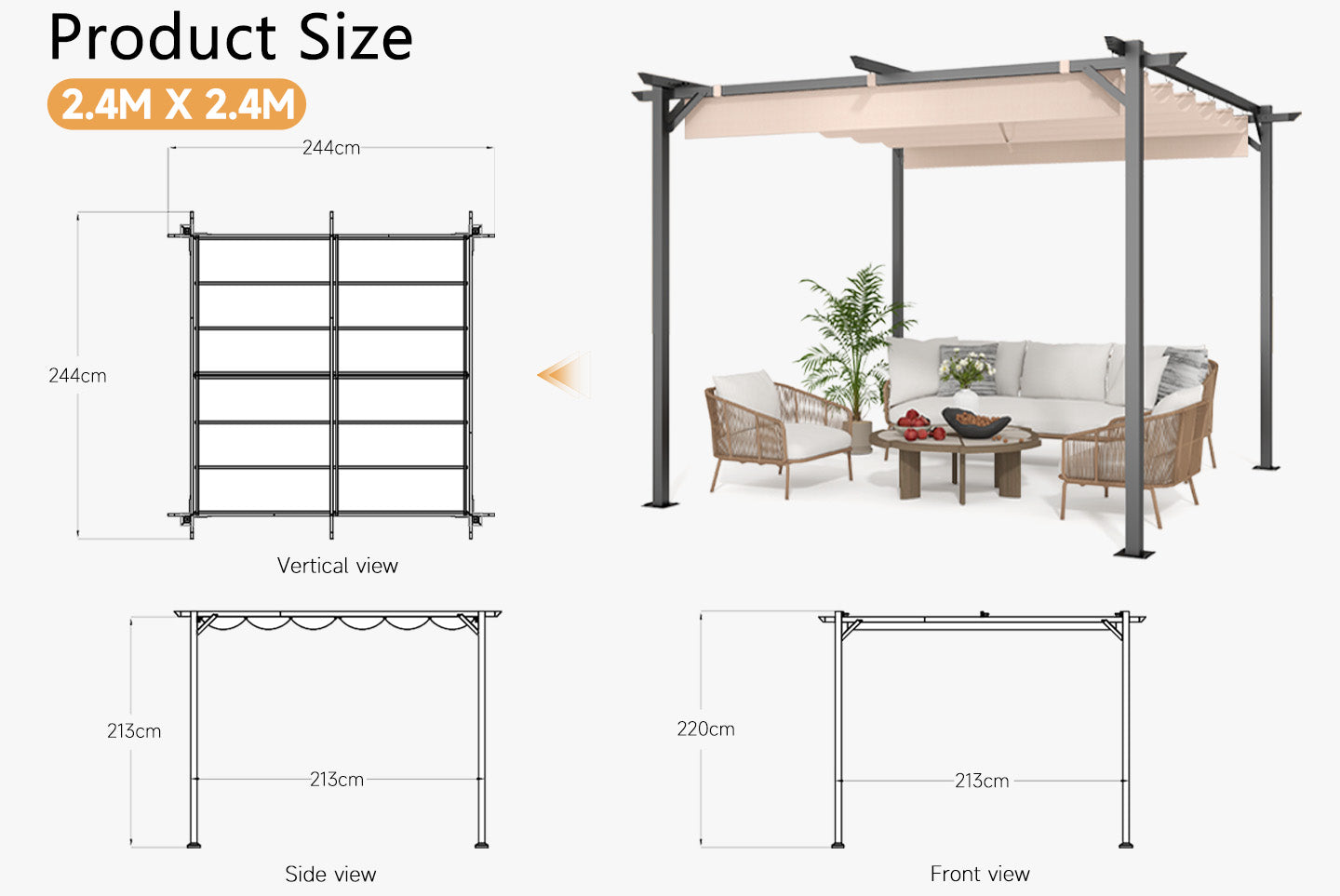 Outdoor Retractable Pergola with Canopy for Garden Lawn Patio Gazebo